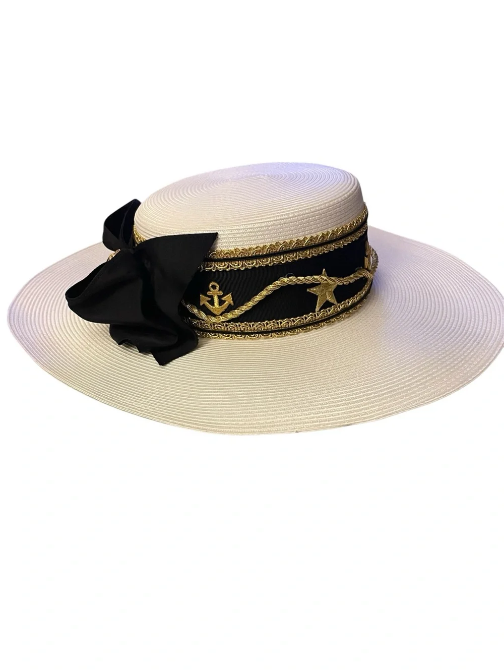 Woman's Hat Nautical Wide Brim Whittall Shon Gold Anchors Yachters Boaters